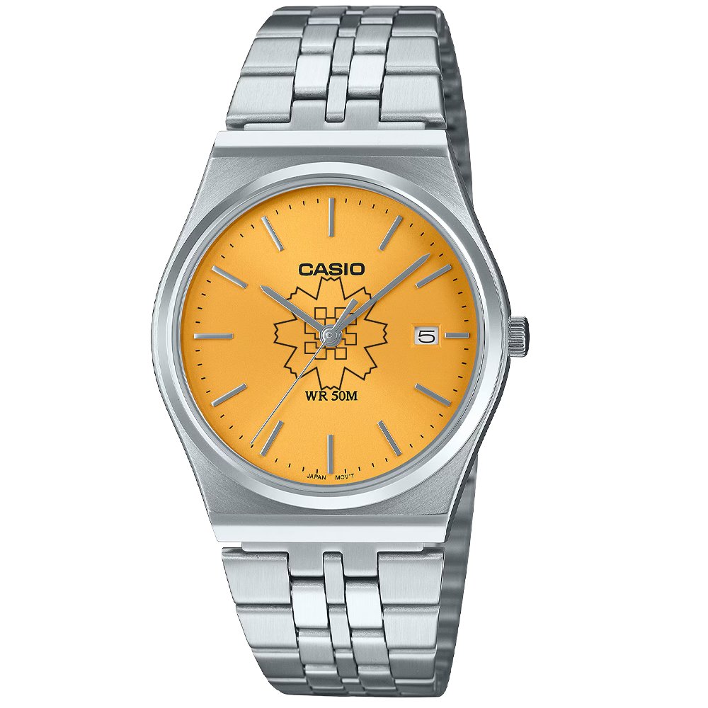 1 ساعة كاسيو صفراء بشعار زهرة العرفج مقاس ٣٥مم