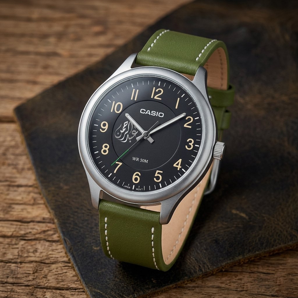 CASIO Watch Black Dial Green Leather Band